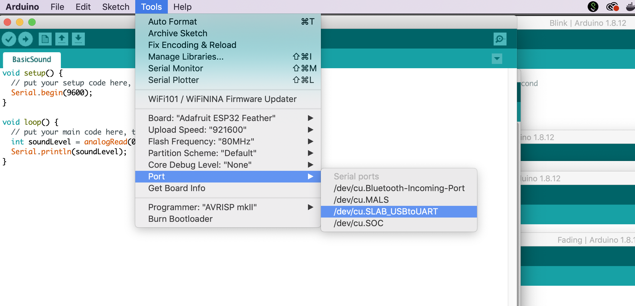 Screenshot showing how to select correct ESP32 port