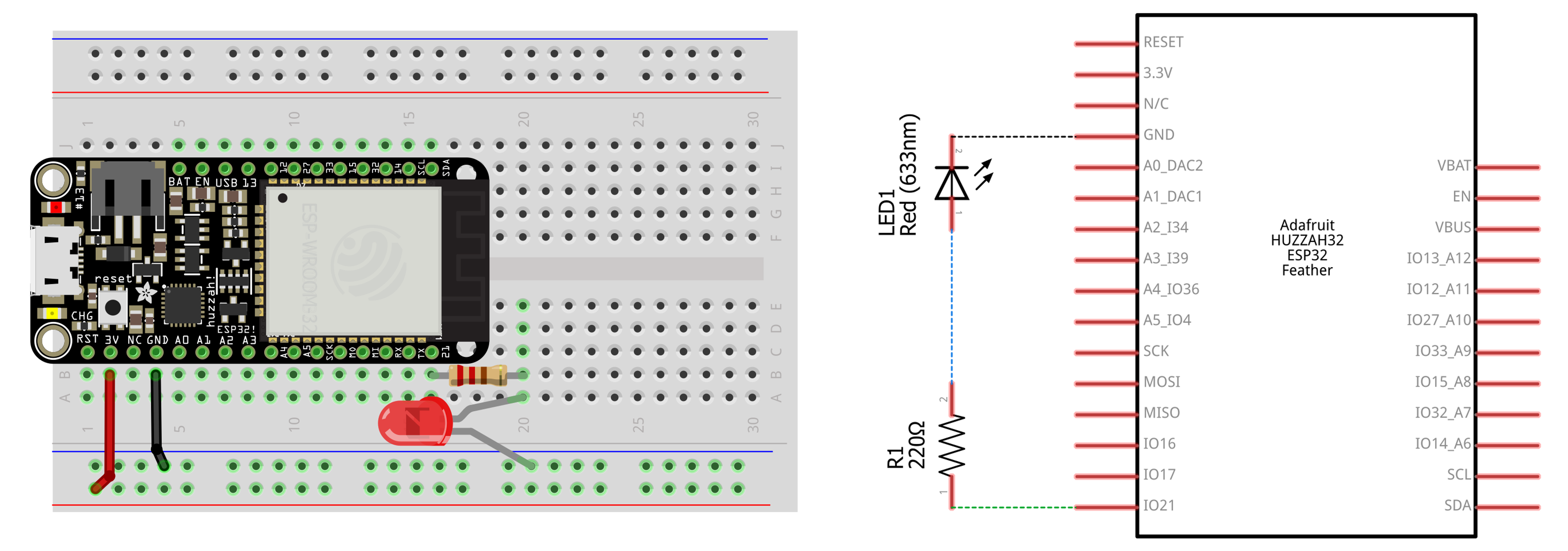 Circuit showing LED connected to GPIO #21 via a current limiting resistor