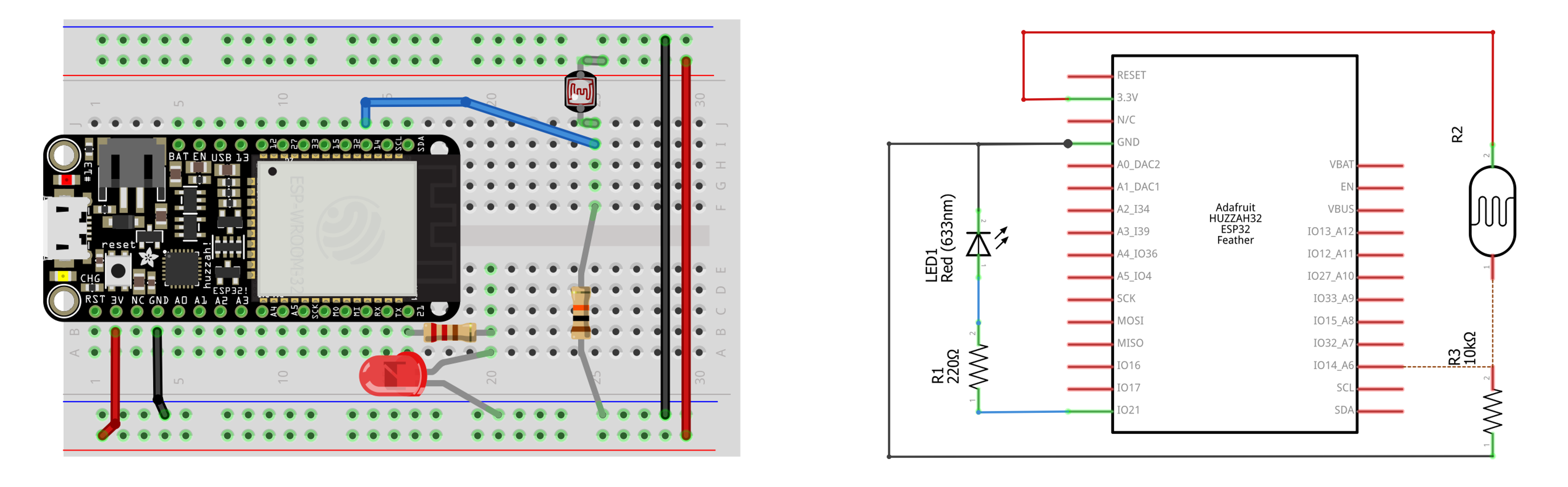 Circuit diagram and schematic for LED photoresistor circuit with Huzzah32