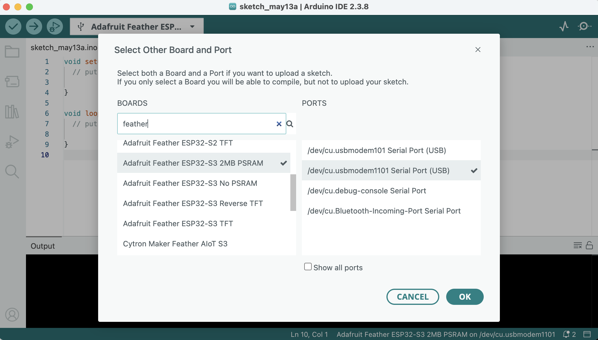 Screenshot showing how to select the Adafruit ESP32 port tools menu