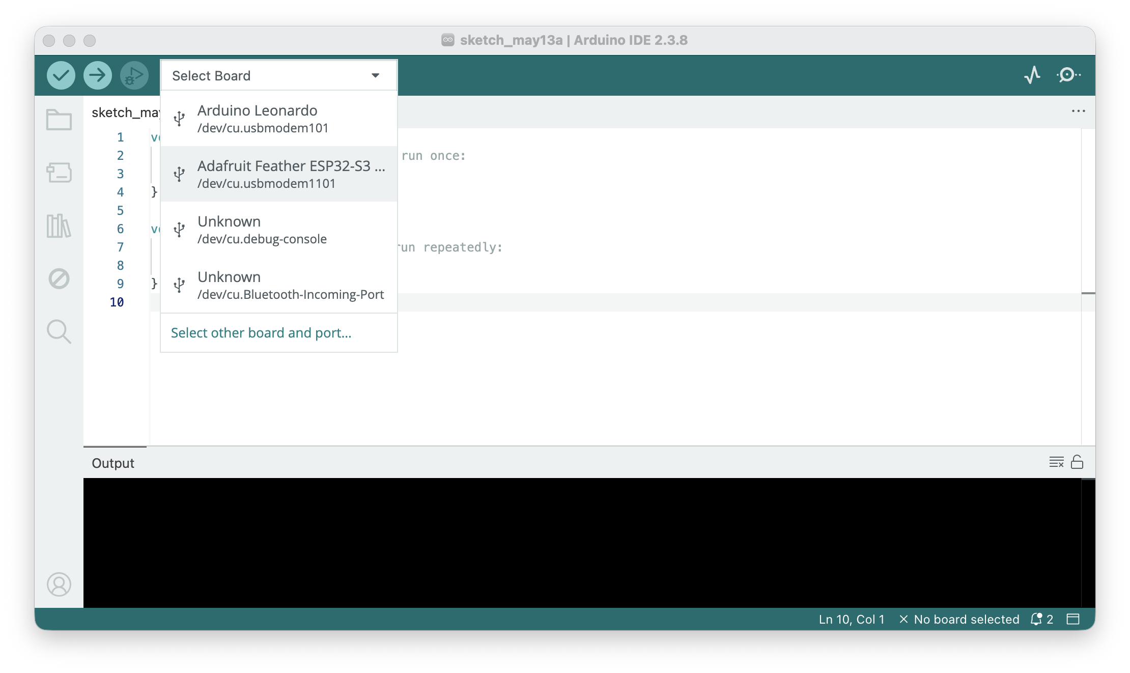 Screenshot showing how to select the Adafruit ESP32 in the Board Manager menu