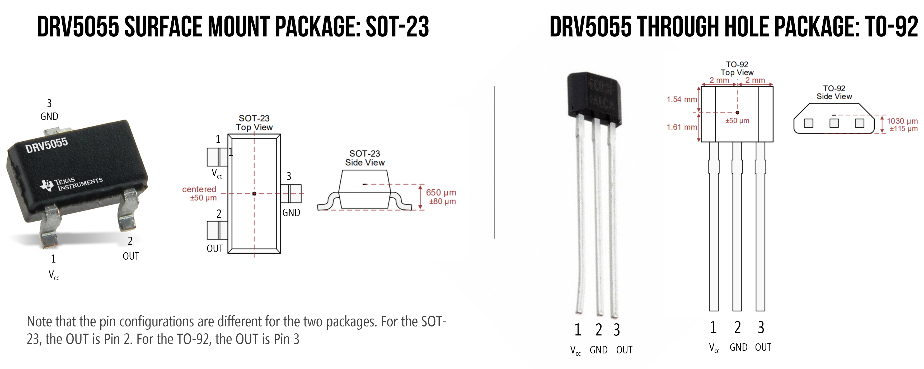 Two DRV5055 packages are available: a surface-mount package (left diagram) and a through hole package (right)